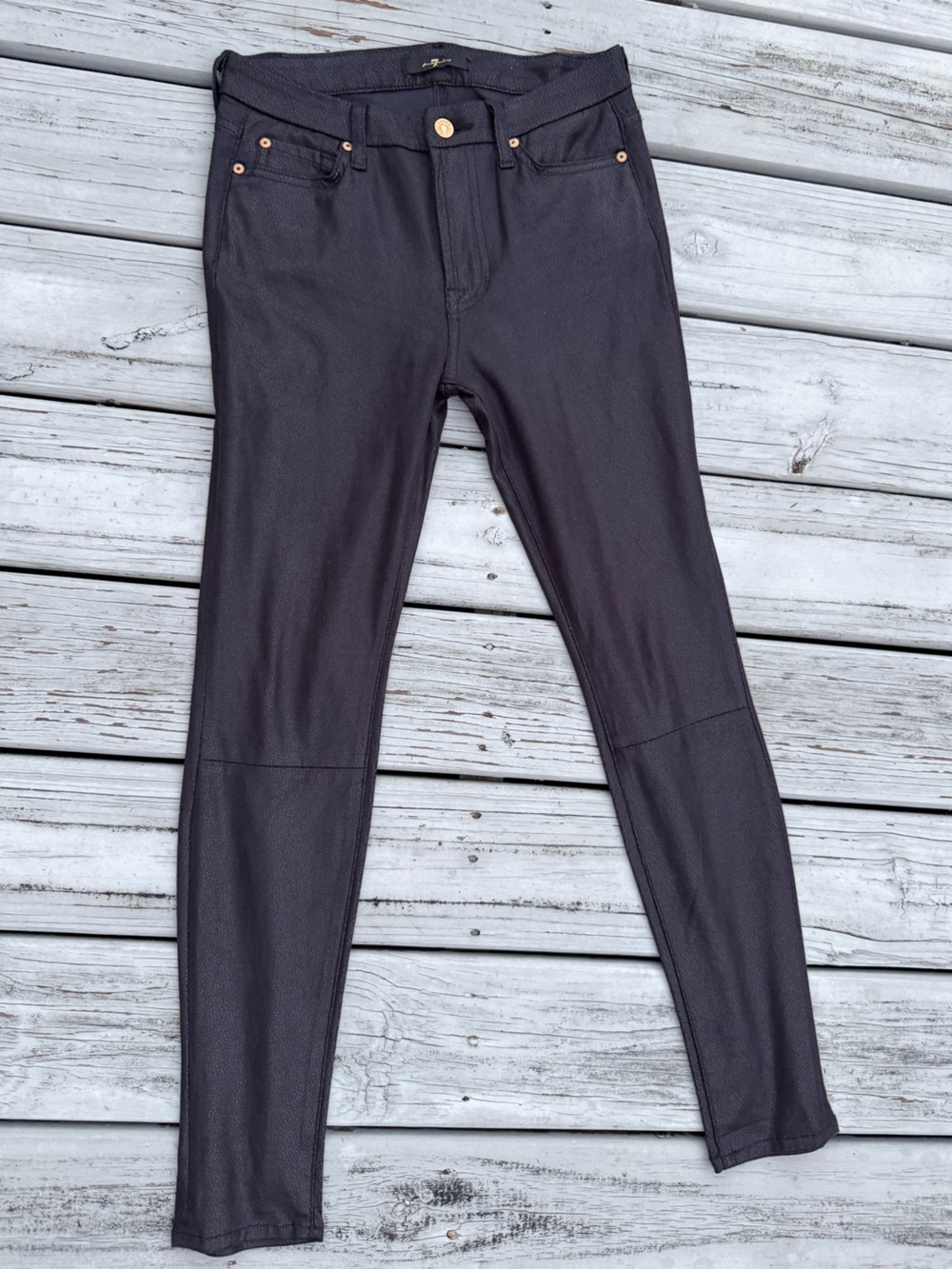 7 For All Mankind Black Coated Knee Seam Skinny Pants Size 27